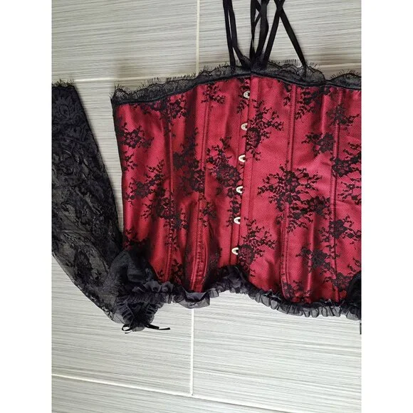 Gothic Red & Black Lace Off-Shoulder Corset Top Bell Sleeves Bustier Blouse 7XL - Picture 10 of 12